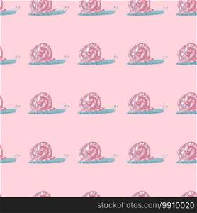 Tender seamless wildlife pattern with childish snails elements. Pink and blue colored animals on light pink background. Great for fabric design, textile print, wrapping, cover. Vector illustration.. Tender seamless wildlife pattern with childish snails elements. Pink and blue colored animals on light pink background.
