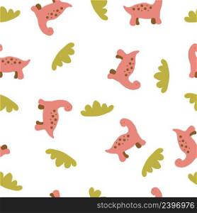 Tender summer seamless pattern of red dinosaurs and green grass. Design for T-shirt, textile and prints. Hand drawn vector illustration for decor and design.