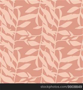 Tender tropical leaves silhouettes seamless pattern. Hand drawn floral artwork in pink palette. Designed for wallpaper, textile, wrapping paper, fabric print. Vector illustration.. Tender tropical leaves silhouettes seamless pattern. Hand drawn floral artwork in pink palette.