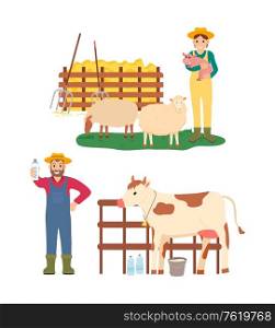 Tending animals at farm vector, man showing milk cow standing at stables, isolated woman holding small pig, sheep on pasture eating fresh grass set. Farming People Man and Woman with Pig and Cow