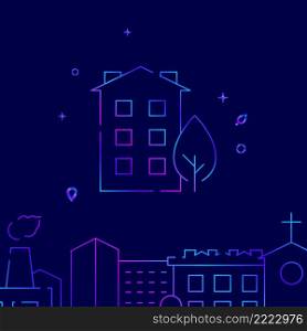Tenement, condo, residential house gradient line vector icon, simple illustration on a dark blue background, cityscape buildings related bottom border.. Tenement, condo, residential house gradient line icon, buildings vector illustration
