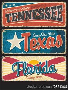 Tennessee, Texas and Florida states rusty metal plates. USA states old, shabby signs, signboards with flag stars and stripes, retro typography, inscriptions and rusty scratches texture vector. Tennessee, Texas and Florida states rusty plates