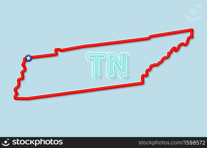 Tennessee US state bold outline map. Glossy red border with soft shadow. Two letter state abbreviation. Vector illustration.. Tennessee US state bold outline map. Vector illustration