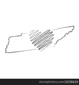 Tennessee US state hand drawn pencil sketch outline map with heart shape. Continuous line drawing of patriotic home sign. A love for a small homeland. T-shirt print idea. Vector illustration.. Tennessee US state hand drawn pencil sketch outline map with the handwritten heart shape. Vector illustration