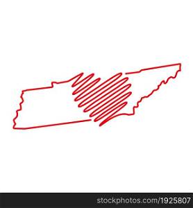 Tennessee US state red outline map with the handwritten heart shape. Continuous line drawing of patriotic home sign. A love for a small homeland. T-shirt print idea. Vector illustration.. Tennessee US state red outline map with the handwritten heart shape. Vector illustration