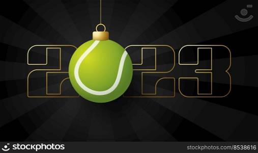 Tennis 2023 Happy New Year. Sports greeting card with tennis ball on the luxury background. Vector illustration