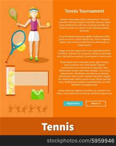 Tennis and tournament web interface page. Tennis player, tennis ball, tennis racket, game sport, racket and match, competition play, recreation activity, training player, vector illustration