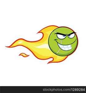 Tennis Ball Cartoon Character With A Trail Of Flames. Vector Illustration Isolated On White Background