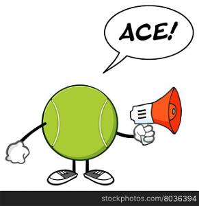 Tennis Ball Faceless Cartoon Mascot Character An Announcement Into A Megaphone With Speech Bubble And Text Ace