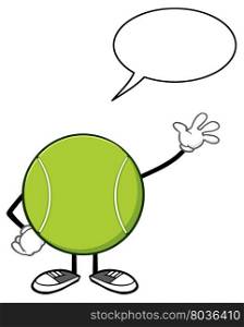 Tennis Ball Faceless Cartoon Mascot Character Waving With Speech Bubble