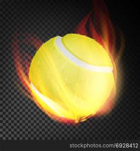 Tennis Ball Vector Realistic. Yellow Tennis Ball In Burning Style Isolated On Transparent Background. Tennis Ball In Fire Vector Realistic. Burning Tennis Ball. Transparent Background