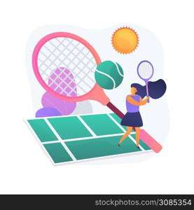 Tennis camp guest. Elite game, individual training, active rest. Young lady hitting ball with racket on tennis court. Outdoor leisure and hobby. Vector isolated concept metaphor illustration. Tennis camp vector concept metaphor