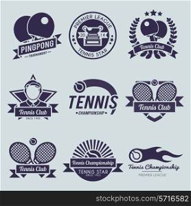 Tennis competition ping pong sport premiere league label black set isolated vector illustration