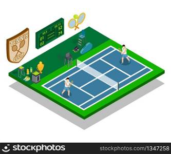 Tennis concept banner. Isometric banner of tennis vector concept for web, giftcard and postcard. Tennis concept banner, isometric style