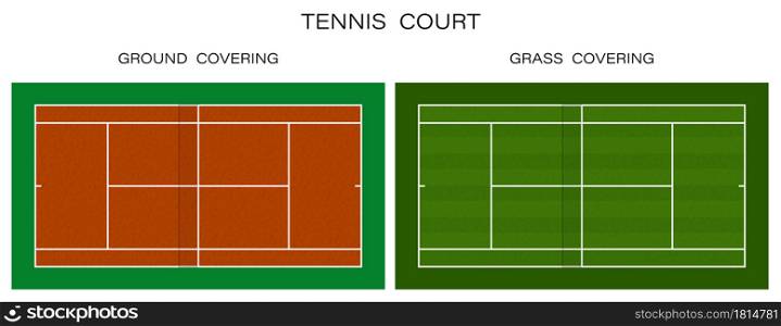 tennis court top view. Grass and ground covering. Outdoor tennis court. Sports ground for active recreation. Vector
