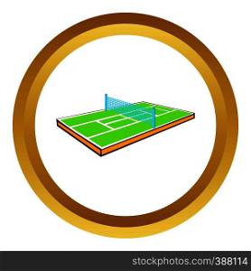 Tennis court vector icon in golden circle, cartoon style isolated on white background. Tennis court vector icon