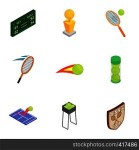Tennis elements icons set. Isometric 3d illustration of 9 tennis elements vector icons for web. Tennis elements icons set, isometric 3d style