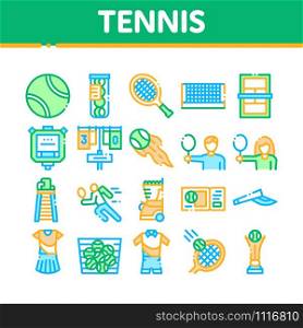 Tennis Game Equipment Collection Icons Set Vector Thin Line. Racket And Tennis Field, Cup And Tracksuit, Ball Basket And Player Concept Linear Pictograms. Color Contour Illustrations. Tennis Game Equipment Collection Icons Set Vector