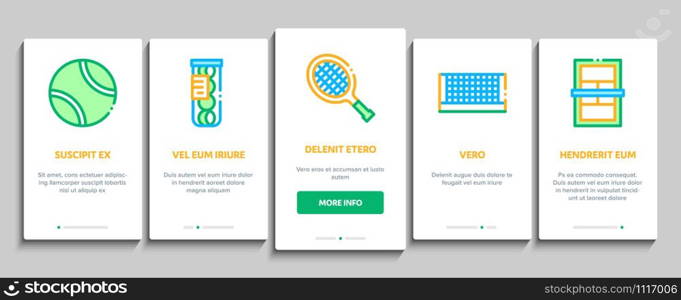 Tennis Game Equipment Onboarding Mobile App Page Screen. Racket And Tennis Field, Cup And Tracksuit, Ball Basket And Player Concept Illustrations. Tennis Game Equipment Onboarding Elements Icons Set Vector