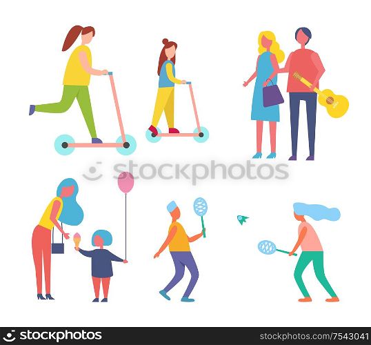 Tennis game played by couple isolated icons set. Man and woman walking holding guitar , mother and kid with ice cream. Family riding scooters vector. Tennis Game Played by Couple Vector Illustration