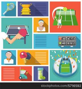 Tennis game sport competition players and equipment icons flat set isolated vector illustration