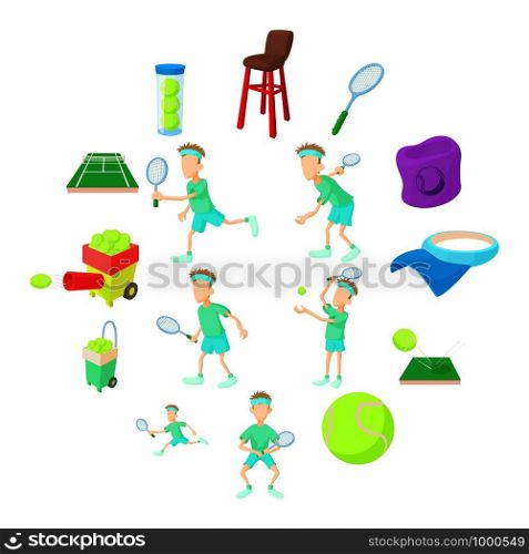 Tennis icons set in cartoon style isolated on white background. Tennis icons set, cartoon style