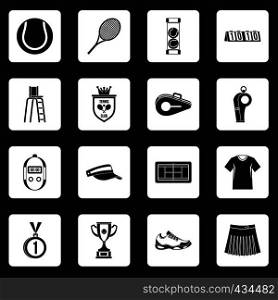 Tennis icons set in white squares on black background simple style vector illustration. Tennis icons set squares vector