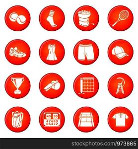 Tennis icons set vector red circle isolated on white background . Tennis icons set red vector