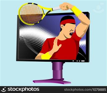 Tennis player into monitor. Colored Vector illustration for designers