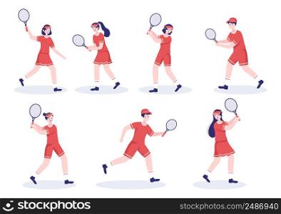 Tennis Player with Racket in Hand and Ball on Court. People doing Sports Match in Flat Cartoon Illustration