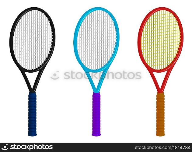 tennis racket 3d rendering. Sport equipment, inventory. Color editing via menu color balance correction. Vector