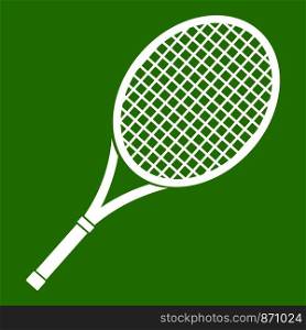 Tennis racket icon white isolated on green background. Vector illustration. Tennis racket icon green