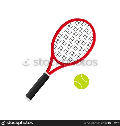 Tennis racket with ball. Icon of racquet for court. Logo of tennis rocket and ball isolated on white background. Sport equipment for game, match, competition. Silhouette for club of badminton. Vector.. Tennis racket with ball. Icon of racquet for court. Logo of tennis rocket and ball isolated on white background. Sport equipment for game, match, competition. Silhouette for club of badminton. Vector