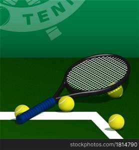 tennis racquet and balls lie on lawn of grass tennis court. Sport equipment and inventory. Realistic vector