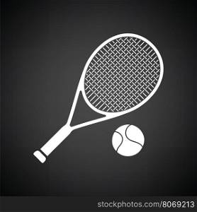 Tennis rocket and ball icon. Black background with white. Vector illustration.