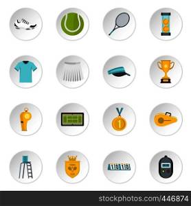 Tennis set icons in flat style isolated on white background. Tennis set flat icons