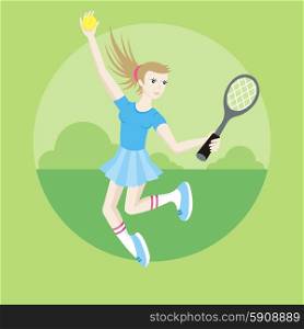 Tennis sport concept with item icons. Portrait of sporty girl tennis player with racket in flat design cartoon style. Sporty girl tennis player with racket