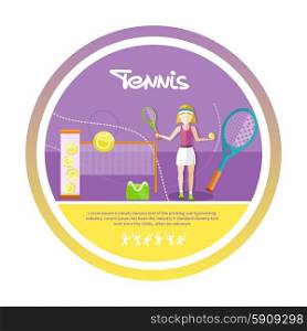 Tennis sport concept with item icons. Portrait of sporty girl tennis player with racket in flat design style. Sporty girl tennis player with racket
