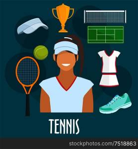 Tennis sport equipment and outfit icons. Tennis woman player with vector isolated cap visor, racket, ball, sneaker, victory cup, playing field, dress. Tennis sport equipment and outfit elements