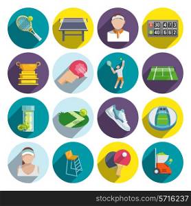 Tennis sport game flat icons set with ball field shoes players isolated vector illustration