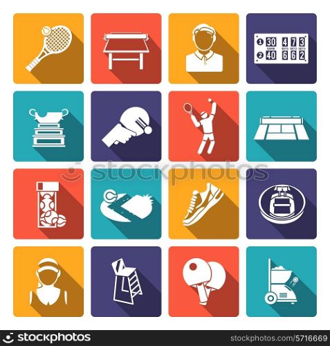 Tennis sport game flat icons set with net players trophy isolated vector illustration