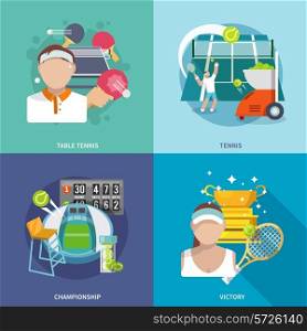 Tennis sport game flat icons set with table championship victory isolated vector illustration