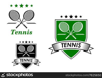 Tennis sporting emblem with rackets, ball and decorative elements isolated on white suitable for sports design