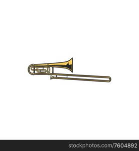 Tenor trombone isolated brass musical instrument. Vector wind aerophone, orchestral woodwind tool. Trombone musical instrument isolated tenor trumpet