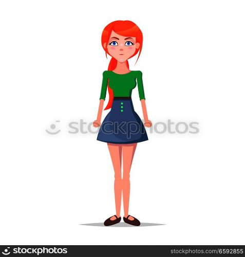 Tense young woman illustration. Beautiful redhead girl in blouse and skirt with serious face expression and clenched fists standing straight isolated flat vector. Emotional female cartoon character. Tense Young Woman Cartoon Flat Vector Character