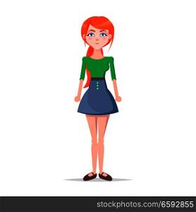 Tense young woman illustration. Beautiful redhead girl in blouse and skirt with serious face expression and clenched fists standing straight isolated flat vector. Emotional female cartoon character. Tense Young Woman Cartoon Flat Vector Character
