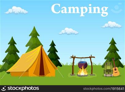 tent, campfire, forest and water. Background for summer camp, nature tourism, camping design concept. Vector illustration in flat style. tent, campfire, forest and water.