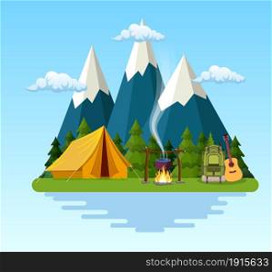 tent, campfire, mountains, forest and water. Background for summer camp, nature tourism, camping or hiking design concept. Vector illustration in flat style. tent, campfire, mountains, forest and water.