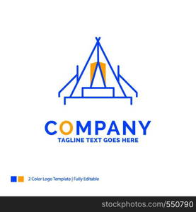 tent, camping, camp, campsite, outdoor Blue Yellow Business Logo template. Creative Design Template Place for Tagline.