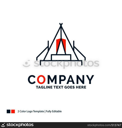 tent, camping, camp, campsite, outdoor Logo Design. Blue and Orange Brand Name Design. Place for Tagline. Business Logo template.